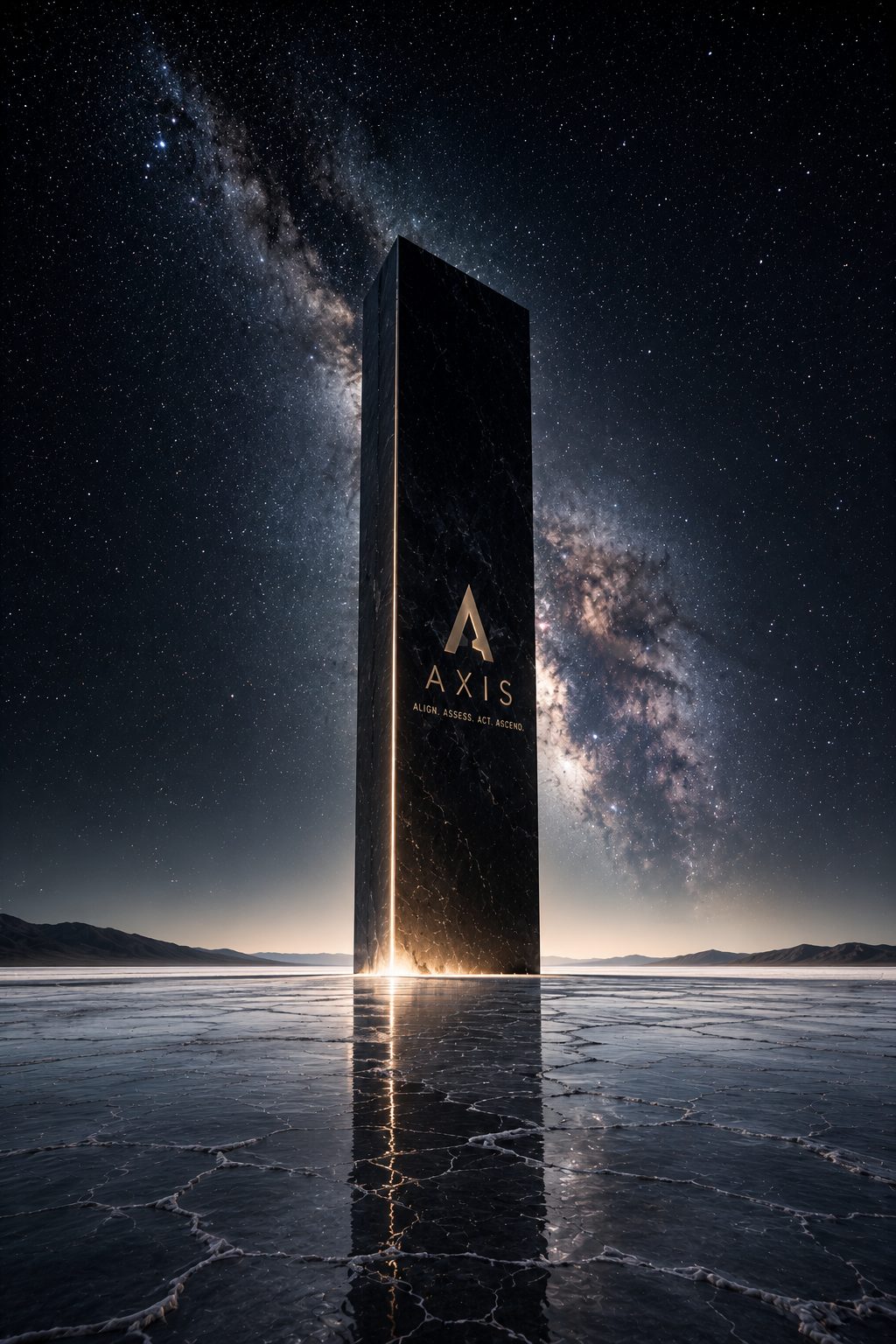 A monolith rising from a reflective ice plain beneath the Milky Way